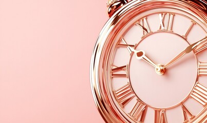 Detailed rose gold pocket watch face with roman numerals, hands pointing to midnight, against a soft pink background. Countdown concept