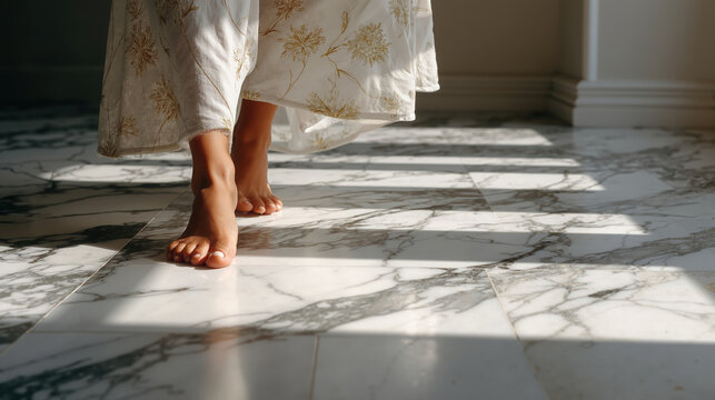 Sunlit marble floor with barefoot woman in flowing dress casting shadows in bright interior - Powered by Adobe