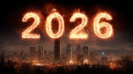 2026 fireworks light up urban skyline at night with vibrant cityscape background, new year card