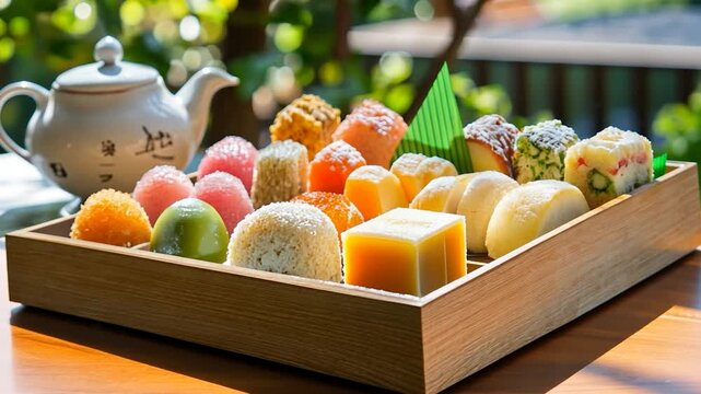 Assorted colorful sweets in a wooden box