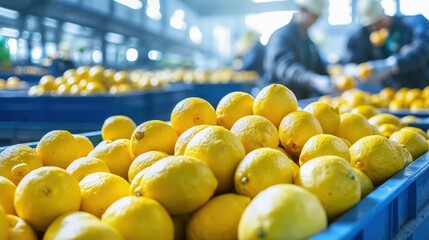 Yellow lemons in blue crates at busy industrial fruit sorting facility