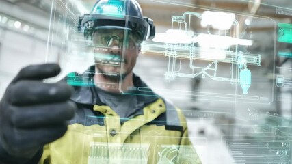 Technician using augmented reality glasses to overlay a digital twin of industrial equipment for maintenance and troubleshooting. - Powered by Adobe