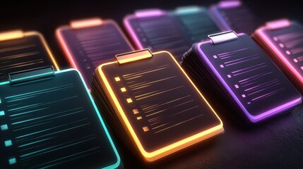 Colorful Neon Clipboards with Checklists on Dark Background