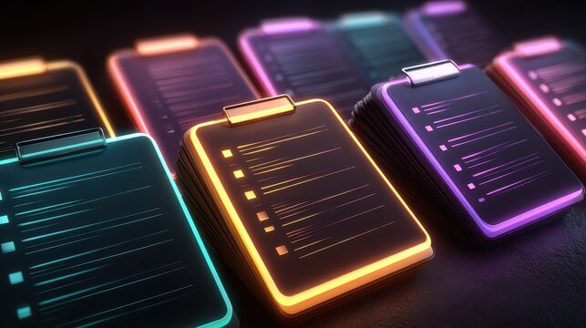 Colorful Neon Clipboards with Checklists on Dark Background