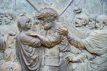 Station IV: Jesus meets his Mother. The Way of the Cross on Mount Križevac (the Cross Mountain) in Medjugorje.