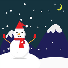 Snowman in festive attire smiles under the night sky with snow-covered mountains