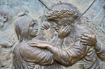 Station IV: Jesus meets his Mother. The Way of the Cross on Mount Križevac (the Cross Mountain) in Medjugorje.