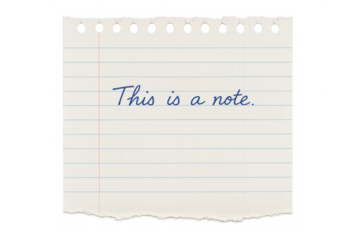 Lined paper torn from a spiral notebook, featuring this is a note. Text and a transparent background