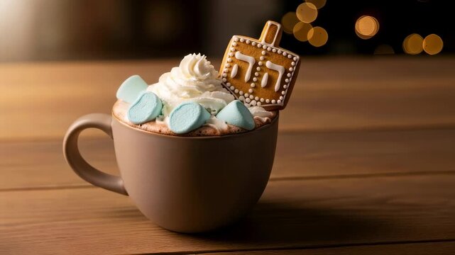 Hanukkah hot chocolate mug with whipped cream, blue marshmallows, and dreidel cookie for holiday celebration