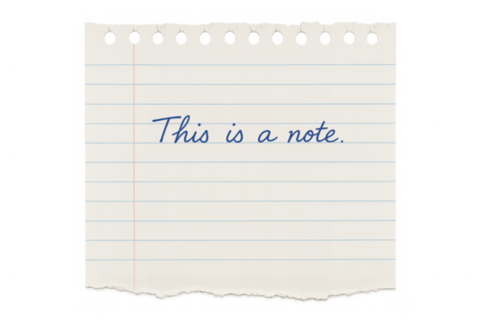 Lined paper torn from a spiral notebook, featuring this is a note. Text and a transparent background