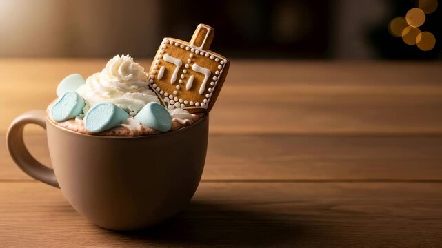 Hand places Hanukkah dreidel cookie onto hot chocolate with whipped cream and blue marshmallows for a festive treat.