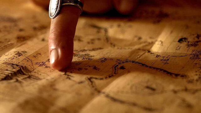 Hand with ring pointing at route on a pirate treasure map, tracing a dotted line past mountains and coastline, planning a voyage and treasure hunt, parchment texture