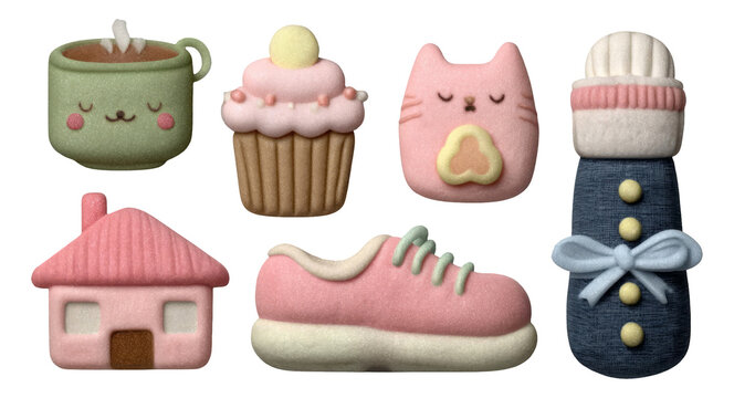 Whimsical Felt Objects Including Cupcake, Cat, House, Shoe and Mug on Transparent Background