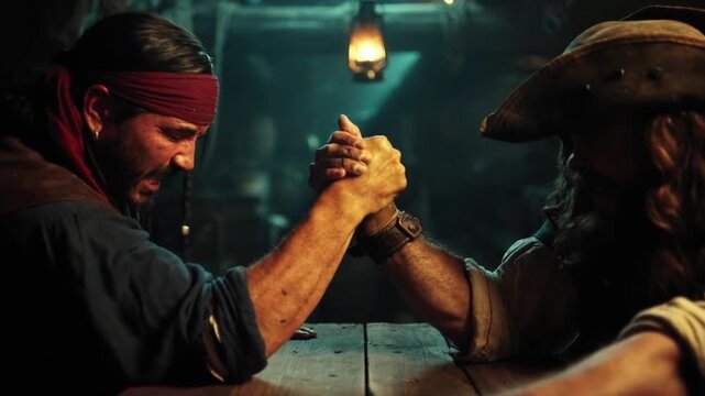 Two rugged pirates arm wrestling at a wooden tavern table below deck, faces straining as a lantern glows overhead, testing strength, rivalry and bravado for bragging rights