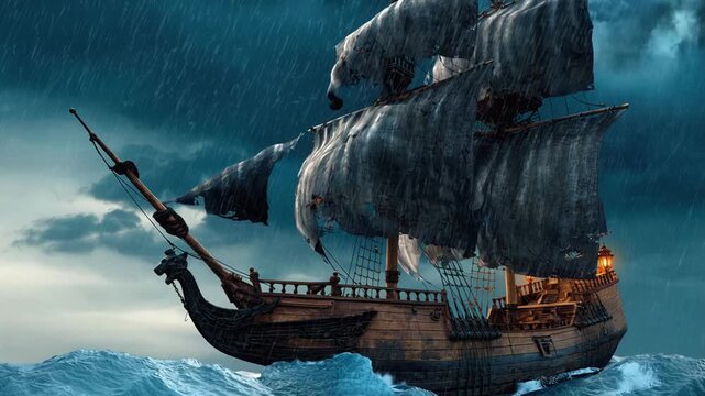 Pirate tall ship battling a violent ocean storm with torn sails, crashing waves and driving rain, crew lanterns glowing on deck, navigating rough seas toward survival and adventure