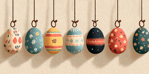 Cute hand drawn hanging easter eggs horizontal seamless pattern, fun garland, great for textiles, banners, wallpapers, easter cards and wrapping - vector design