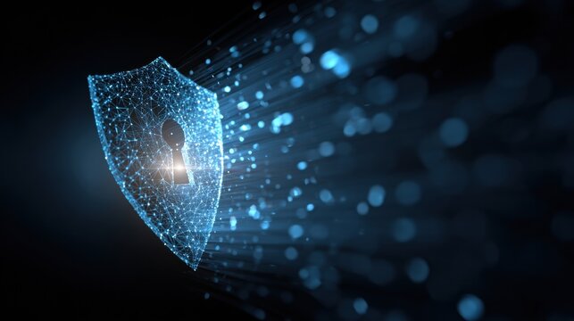Glowing Shield Icon With Padlock Over Digital Network Background Representing Cyber Security and Data Protection