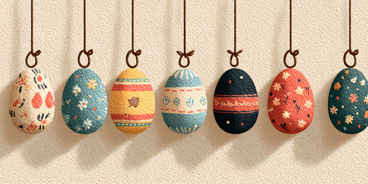 Cute hand drawn hanging easter eggs horizontal seamless pattern, fun garland, great for textiles, banners, wallpapers, easter cards and wrapping - vector design