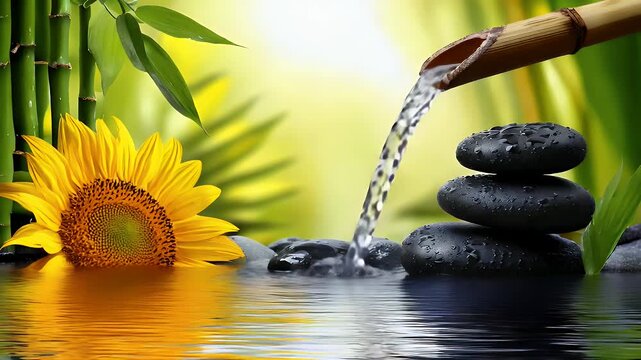 Spa still life with stones water bamboo and sunflower for wellness