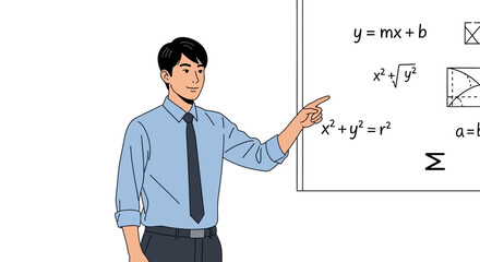 Illustration of a teacher pointing at mathematical equations on a whiteboard, ideal for educational content.