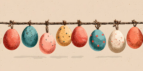 Cute hand drawn hanging easter eggs horizontal seamless pattern, fun garland, great for textiles, banners, wallpapers, easter cards and wrapping - vector design