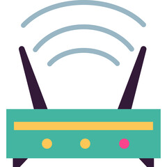 Flat Vector Icon of a Teal And Yellow Wireless Router With Two Antennas Emitting Blue Wifi Waves On Transparent Background