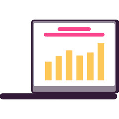 Flat Vector Illustration of a Laptop Screen Displaying a Bar Chart With Rising Data Trends and Pink Header Bar on a White Background With Shadow
