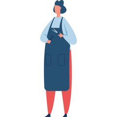 Flat vector illustration of a person in a blue apron holding scissors and a comb on a white background representing a barber or hairdresser profession