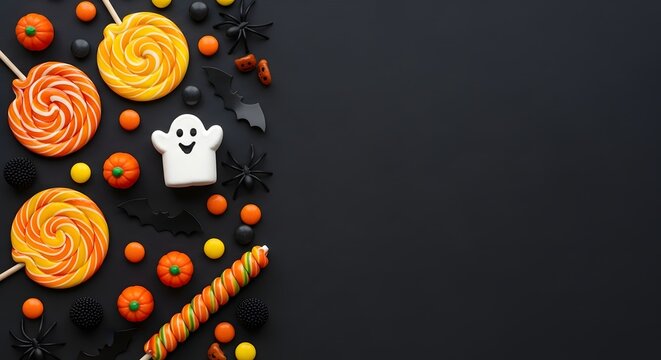Halloween-themed decorated cupcakes and candy with ghost and pumpkin shapes on black background, food photography, festive dessert display