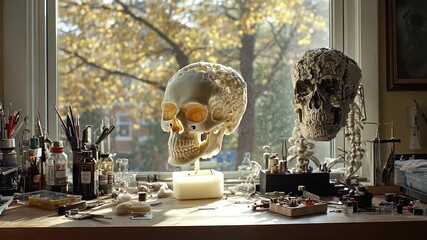 Anatomical study.  Two 3D-printed skulls, one light, one dark, adorn a windowsill workstation.  Tools, jars, and supplies are arranged on a wooden workbench