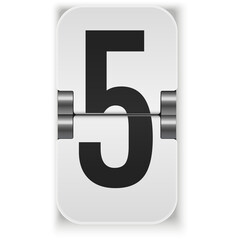 Flip clock digit five with white background and metallic silver hinges displaying a large bold black numeral 5 on a vertical display panel in a simple graphic illustration