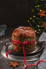 Traditional Panettone with Red Velvet Ribbon and Decor