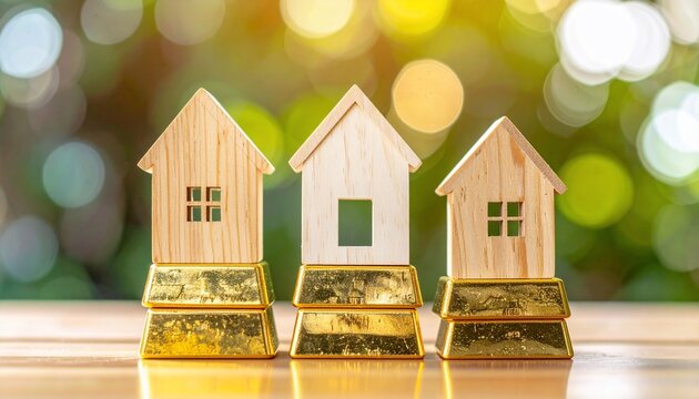 Conceptual image of miniature houses placed on gold bars, representing financial security - Powered by Adobe
