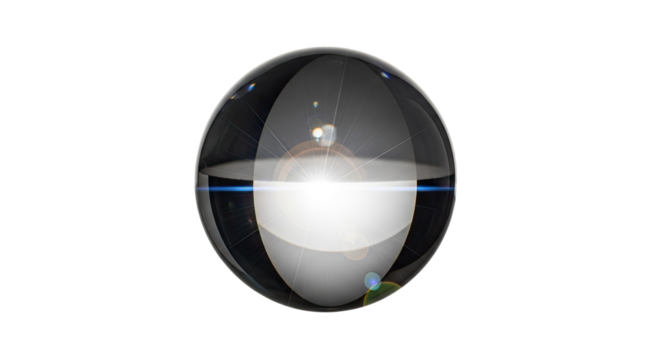 Closeup of a reflective glass sphere with a blurred background.