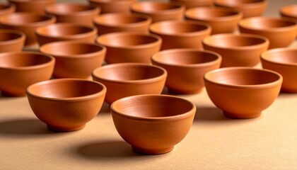 Terracotta bowls arranged in a grid pattern&mdash;handcrafted, smooth, and earthy-toned, ideal for pottery, design