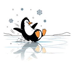 Fototapeta premium Happy penguin sliding on ice with snowflakes falling around