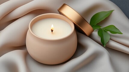 Beige ceramic candle with golden lid on satin fabric, warm cozy luxury home decor top view