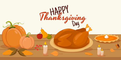 Thanksgiving Feast Illustration &ndash; Roasted Turkey, Pumpkins, Pie and Autumn Decor on Wooden Table with Festive Typography
