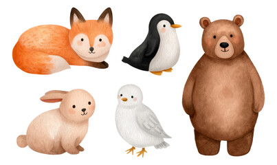Fototapeta premium Cute Woodland Animals with a Fox, Penguin, Bear, Rabbit, and Bird Isolated on Background