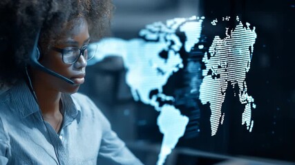 Global remote call center agent handling customer service through cloudbased software emphasizing seamless communication across time zones.