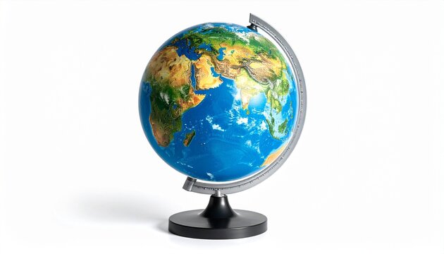 Physical globe showing Africa, Europe, and parts of Asia—mounted on metallic axis with blue oceans and shaded terrain, ideal for educational visuals.