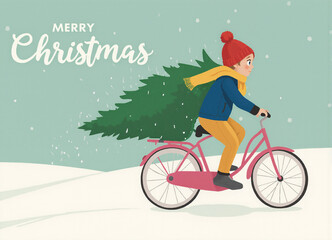 Fototapeta premium Whimsical illustration of person riding bike with large Christmas tree in snowy winter landscape