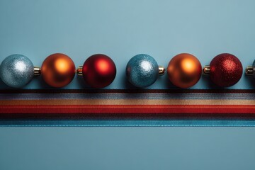 Colorful Christmas Ornaments and Decorative Ribbon on Blue Background