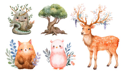 Fototapeta premium Cute Watercolor Cartoon Animals and Trees with Isolated Transparent Backgrounds