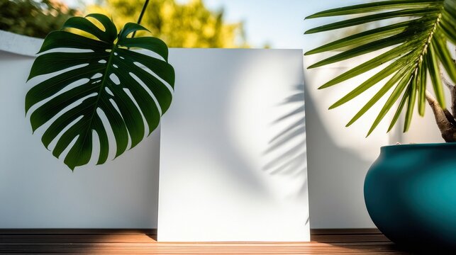A monstera leaf and palm frond are displayed against a white board, with a teal pot and wooden surface.