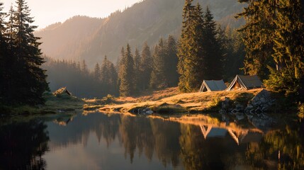 Two canvas shelters stand beside a tranquil alpine lake surrounded by dense evergreen forest during sunrise