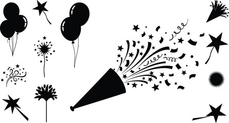 Celebration elements silhouette set with balloons confetti stars isolated on white background, Vector, illustration