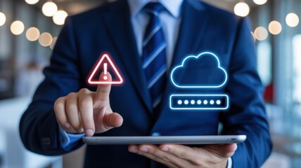 A man in a suit is interacting with a tablet with cybersecurity icons, highlighting data protection, cloud security, and system alerts