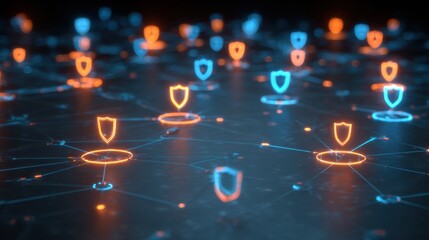 Glowing Network Nodes Secured by Shield Icons Illustrate Data Encryption and Cybersecurity Concepts