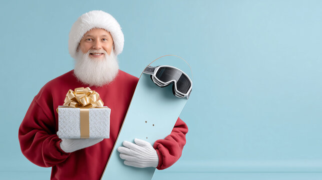 Santa Claus with snowboard and gift — winter holiday ski resort promotion